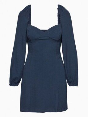 Aritzia Wilfred Novella Dress Crepe Slit Long Sleeve Navy Blue Size 8